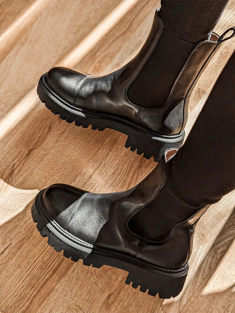 BeauToday Chelsea Women's Genuine Leather Boots Platform Round Toe Elastic Band Thick Sole Ladies Shoes Handmade 02379S
