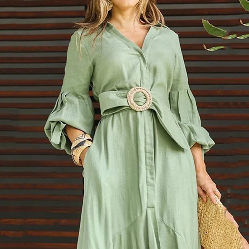 Elegant Dresses for Women Fashion Solid Lantern Sleeve Ruffle Hem Pocket Design Belt Maxi Dress Office Ladies Temperament Dress