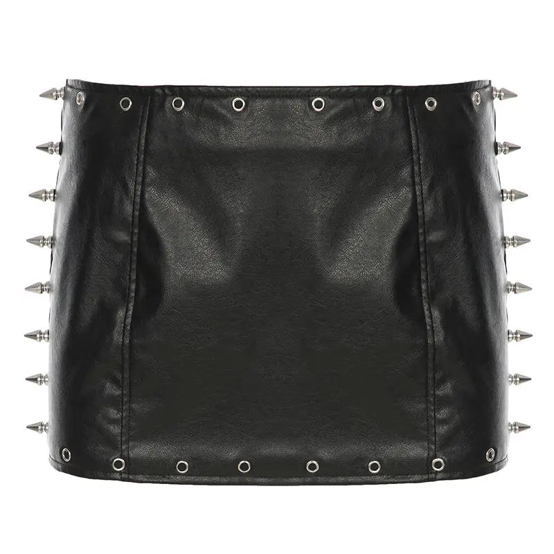 Punk Rock Leather Mini Skirt Women Y2K Studded Low Waist Bodycon Pencil Skirt Edgy Biker Chic Vintage American Retro Hot Sale