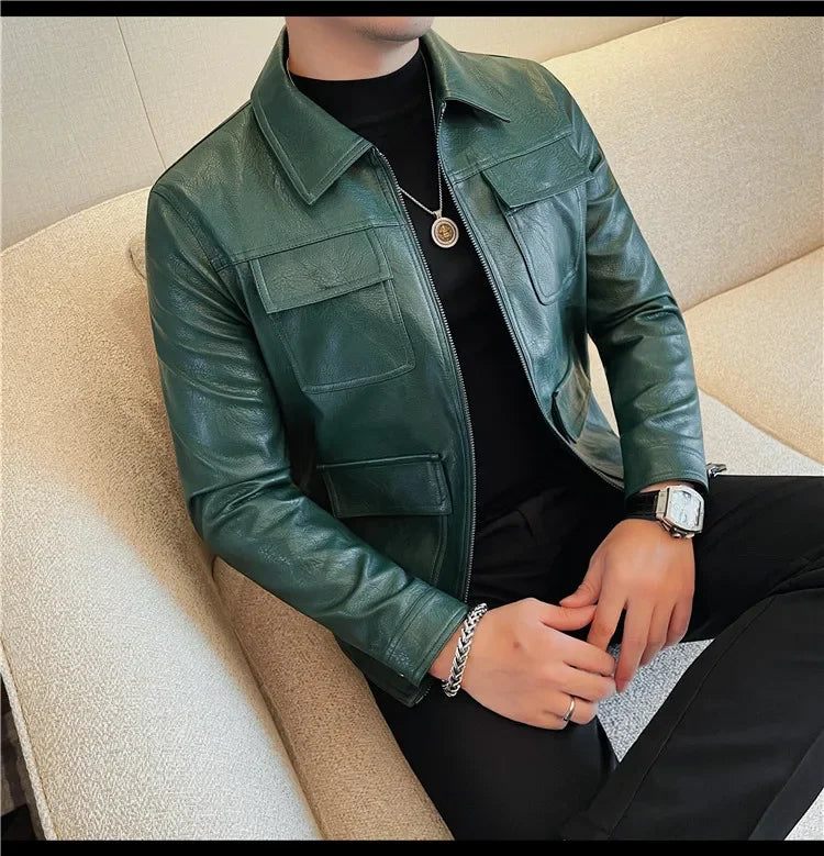 Autumn Winter High Quality Faux Leather Jacket Fashion Multi Pocket Design PU Leather Coats Man Vintage Business Slim Fit Coats