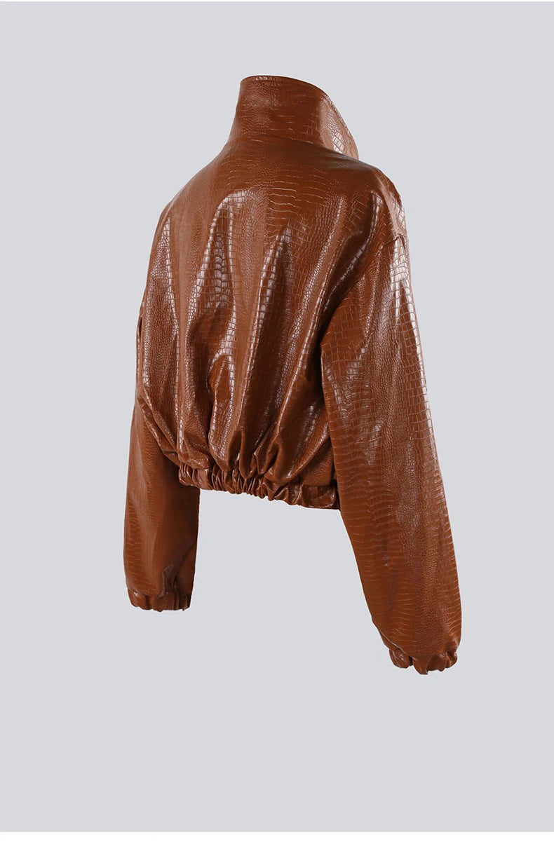 Mauroicardi Spring Autumn Short Black Brown Crocodile Print Faux Leather Jacket Women Stand Collar Button Up Luxury Clothes 2025
