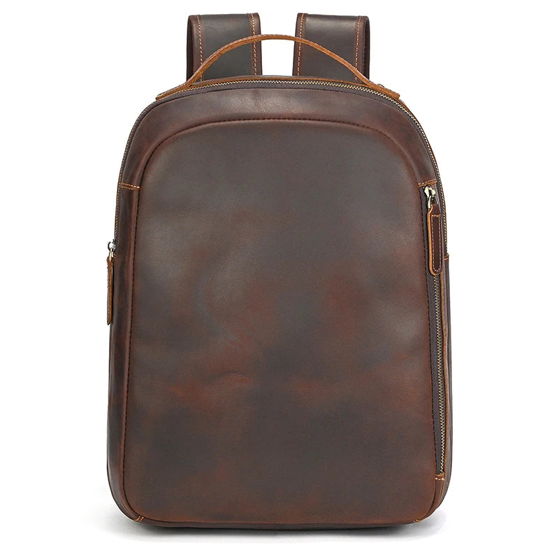 Luufan Men's Retro Crazy Horse Leather Backpack Brown Genuine Leather Rucksack Brown 14 Inch Laptop School Bag