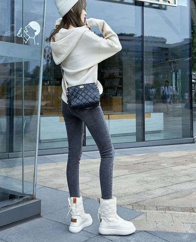 White Half High Waterproof Women's Snow Boots Lace-up Goth Plush Warm Quality on Offer Y2k Padded Large Size Hot Ladies Shoes