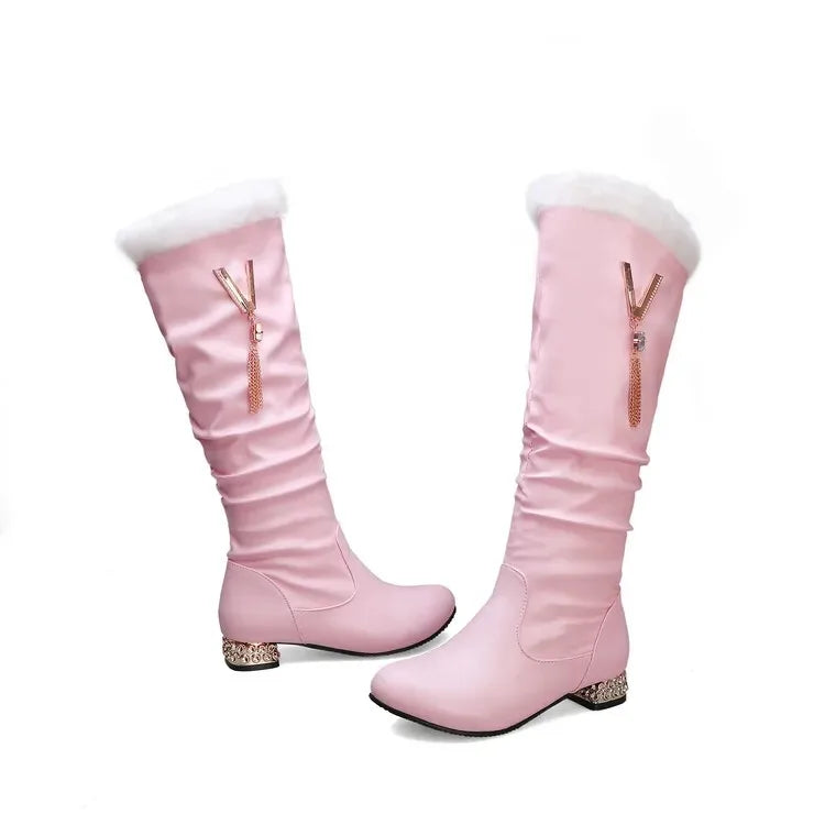 Winter Warm Knee High Boots Women Platform Wedges High Heels Snow Boots Slip on Winter Ladies Shoes White Black Pink 2025