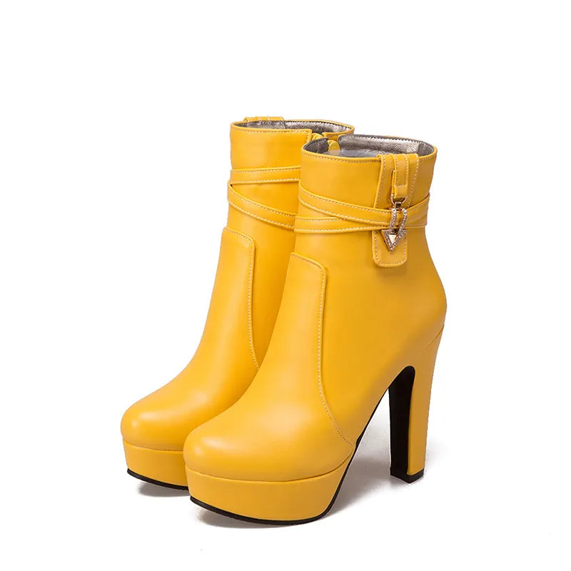 Women's White Ankle Boots Platform Shoes Fashion Buckle High Heels Yellow Black Autumn Winter Short Boot Ladies Large Size 50