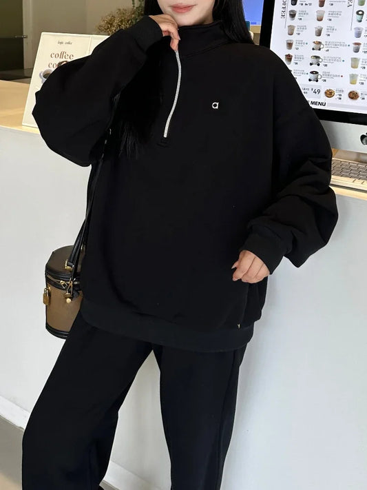 Black Sports Fitness Hoodies Women Casual Fashion Long-sleeved Gray Zip Sweatshirt Autumn New Loose Stand Up Collar Pullover