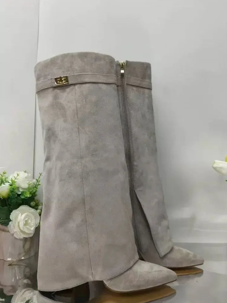 Autumn and Winter New Pointed Metal Buckle Knee High Women's Boots, Thick High-heeled Pants Boots, Fashionable Mid Leg Boots