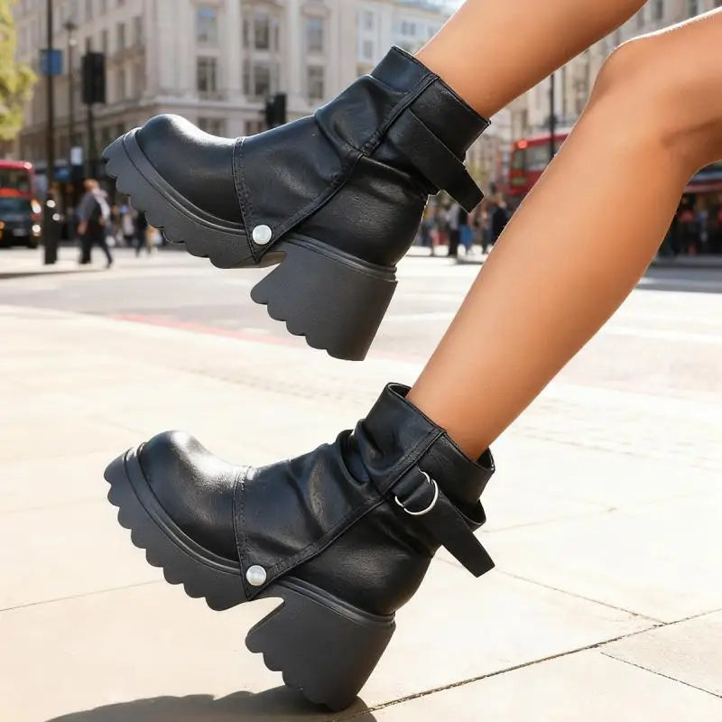 Gothic Chunky Platform Black Ankle Boots Women 2025 Autumn Punk Metal Belt Buckle Thick Bottom Short Boots Woman's Y2K Shoes 43