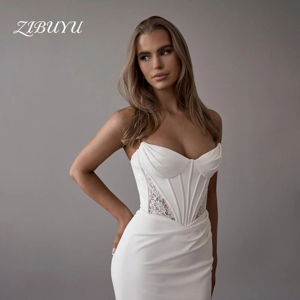 ZIBUYU Customized Luxury Wedding Dress Strapless Sleeveless Satin Sweetheart Neckline Corset Bodice Lace Mermaid Bridal Gowns
