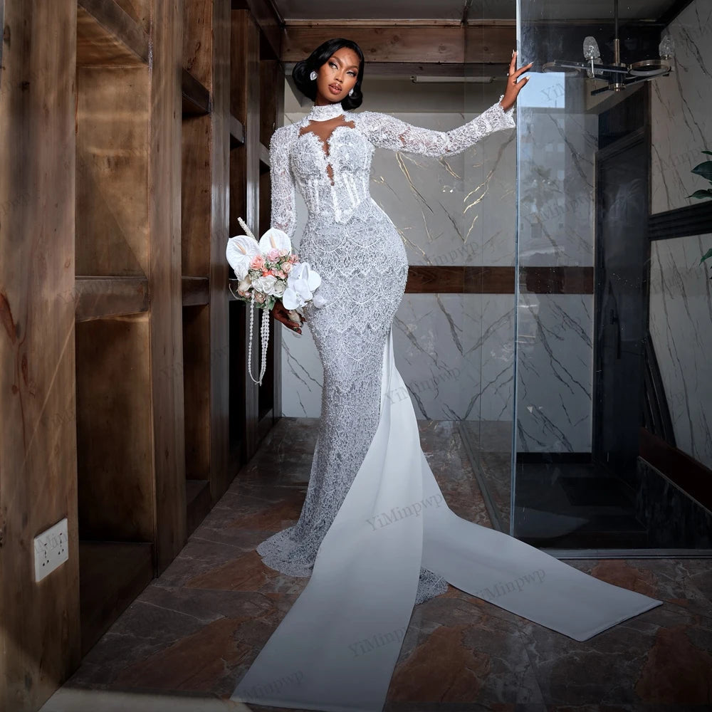 Luxury Mermaid Wedding Dresses for Africa Bride Long Sleeves Sweep Train Lace Pearls Sequined Bridal Reception Gowns Customized