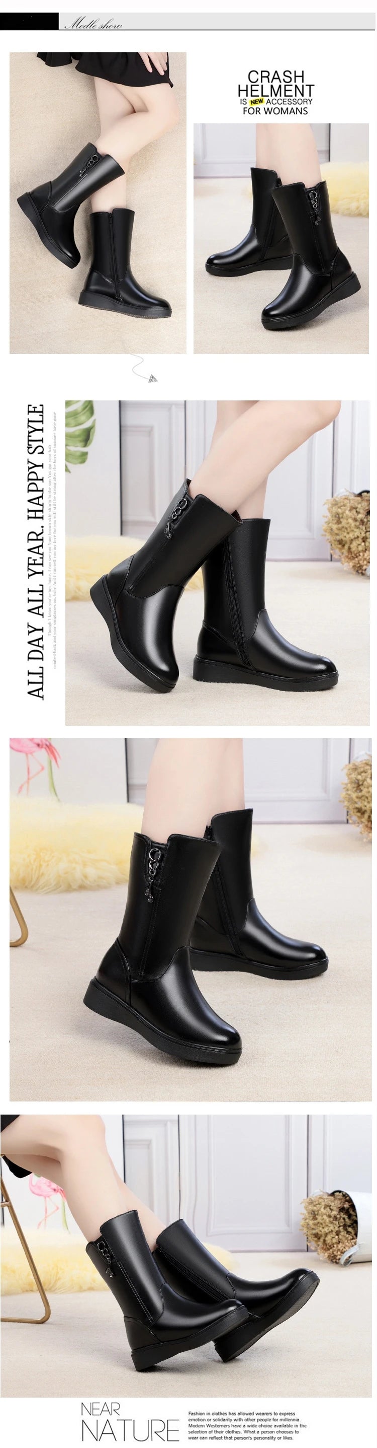 WOIZGIC Female Ladies Boots Women's Mid Calf Winter Fur Wool Plush Warm Zipper Genuine Leather Shoes Boots Plus Size 42 43 Snow