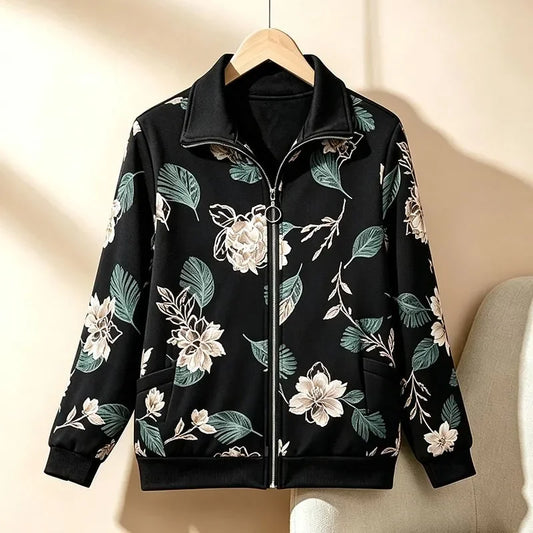 Womens Mom Floral Print Zip Up Jacket Lapel Collar Casual Loose Outerwear For Middle Aged Ladies