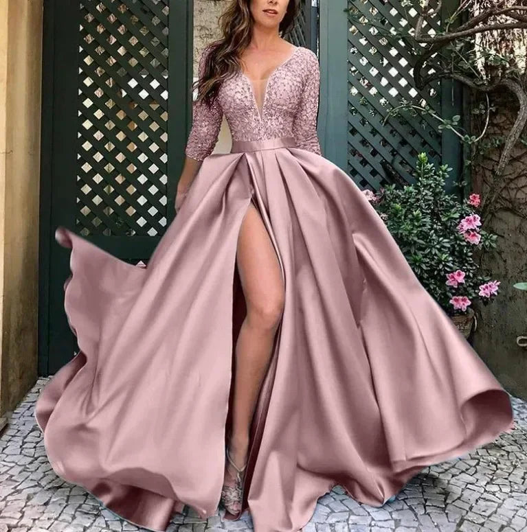 New 2026 Women's Sequins Beads Prom Dress Big Swing Sexy V-neck Trailing Banquet Wedding Evening Dress Ladies Vestidos De Fiesta
