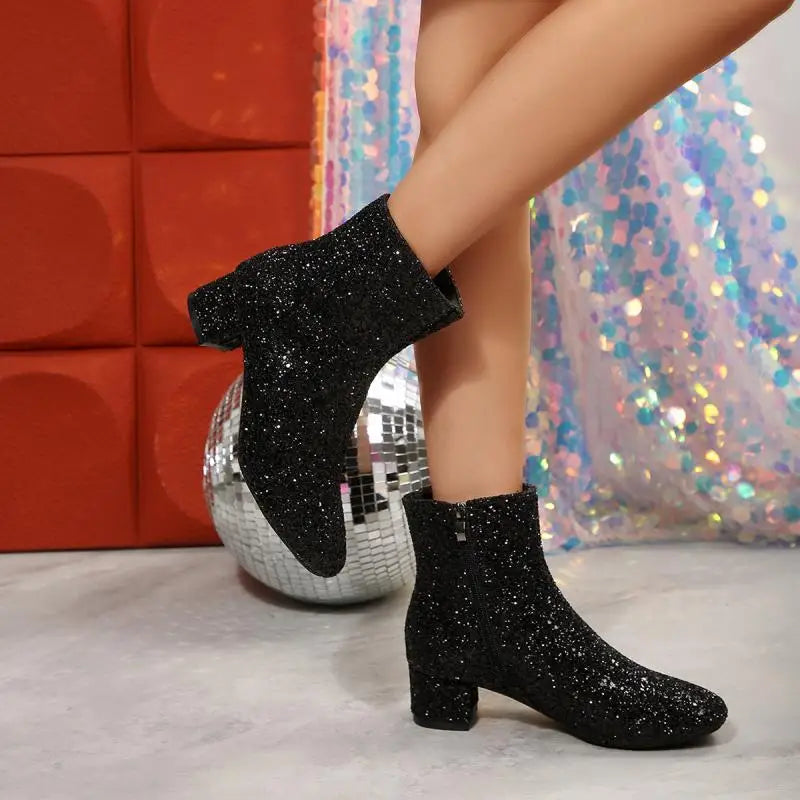 Luxury Sequin Fabric Ankle Boots Women 2026 Autumn Designer Square Toe Side Zip Short Boots Sexy Shiny Medium Heel Party Shoes