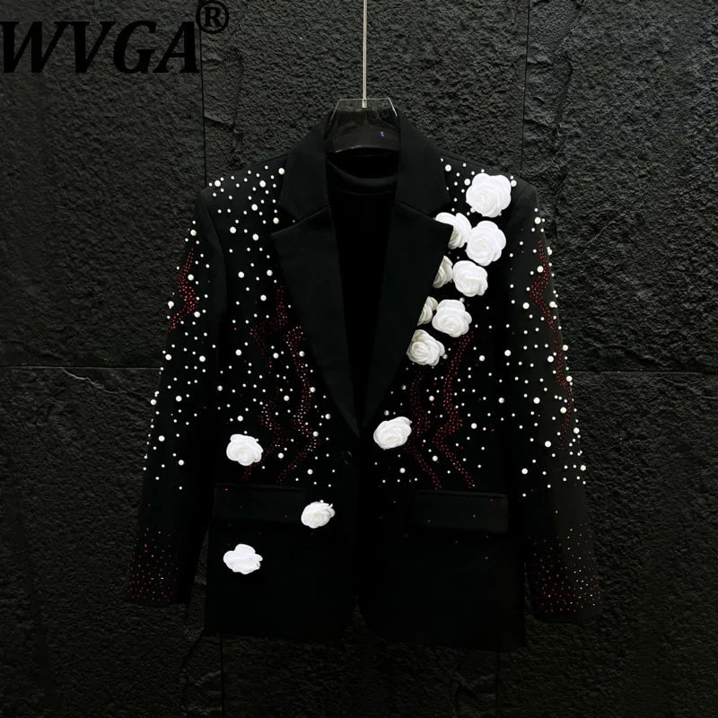 WVGA Spring Autumn New Man Tide Heavy Pearl-studded Trendy Three-dimensional Flower Blazers Niche Chic Casual Jackets Ins W22622