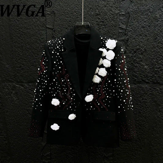 WVGA Spring Autumn New Man Tide Heavy Pearl-studded Trendy Three-dimensional Flower Blazers Niche Chic Casual Jackets Ins W22622