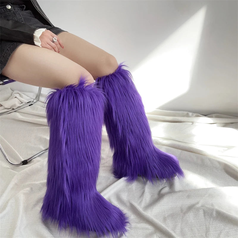 Hot Sale Ins Fashion Long Women Furry Boots Winter Knee Length Keep Warm Ladies Snow Boots