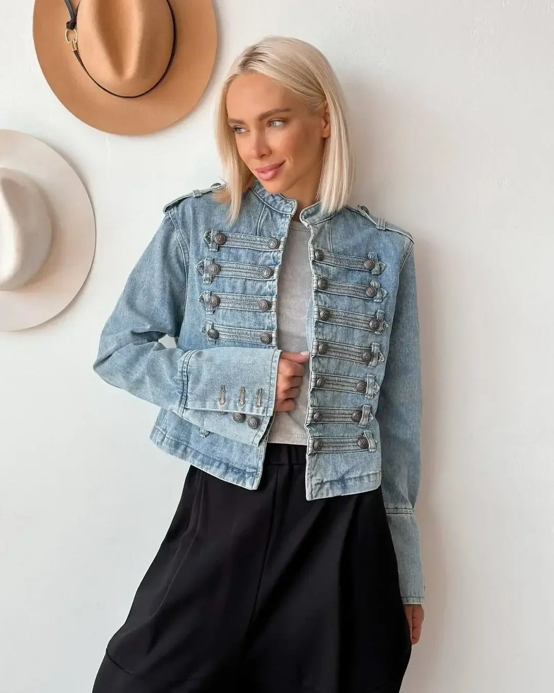 Vintage Denim Military Jacket Women Retro Solid Round Neck Single Breasted Slim Short Jackets 2026 Lady Daily Street Outerwears