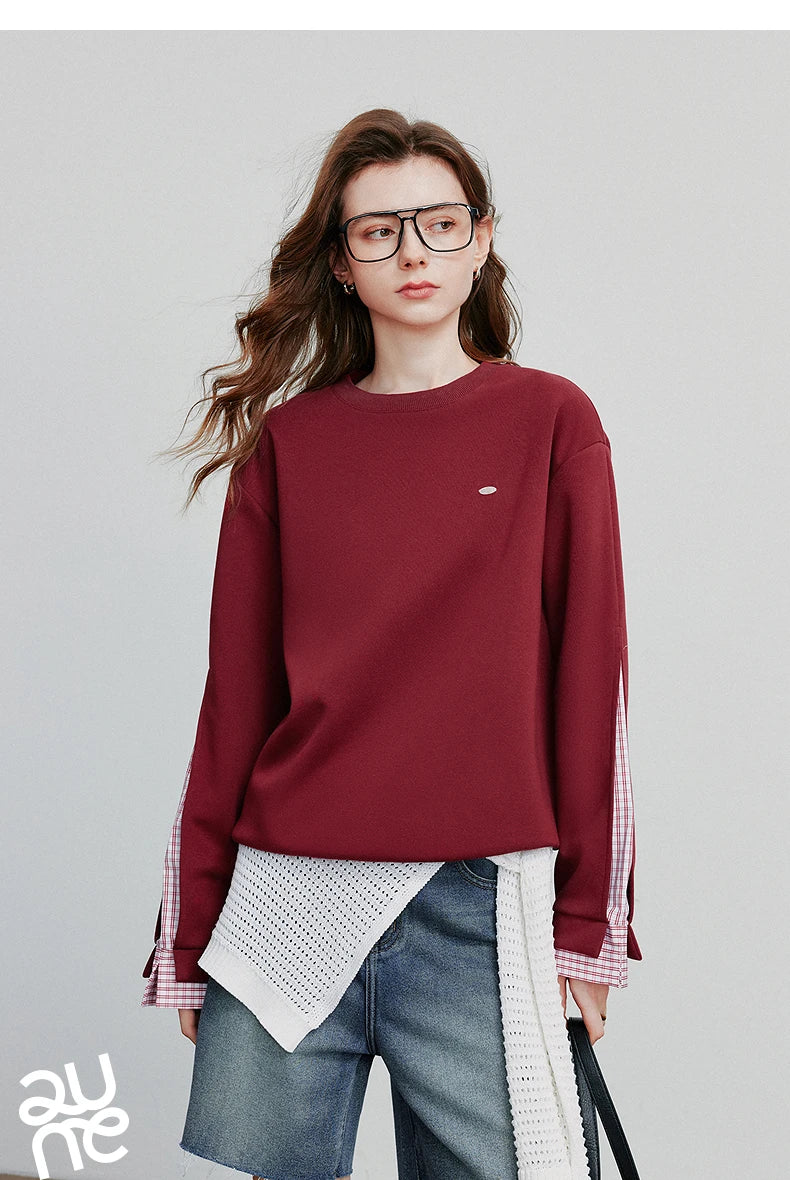 TOYOUTH Women Hoodies Sweatshirt 2025 Autumn New Patchwork Design Round Neck Long Sleeve Pullover Casual Tops