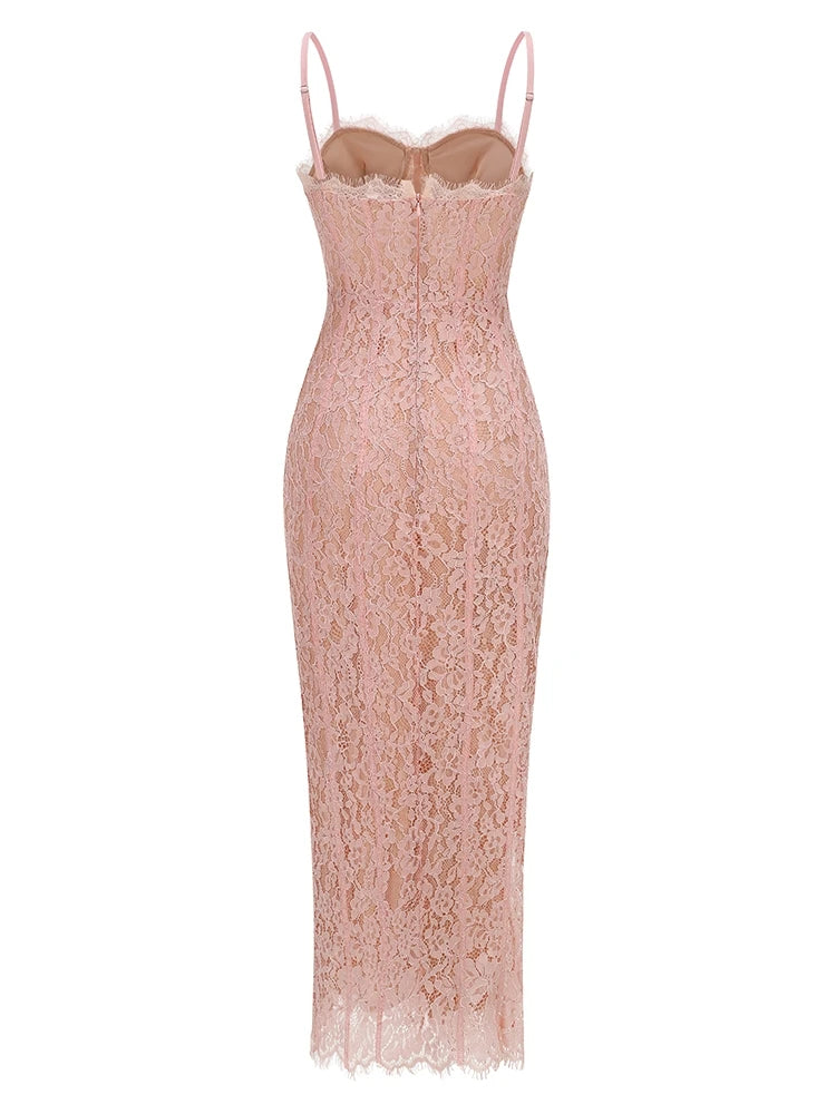 Sexy Spaghetti Strap V Neck Lace Long Dress Women Black Floral Lace Sleeveless Bodycon Dresses Elegant Evening Celebrity Party