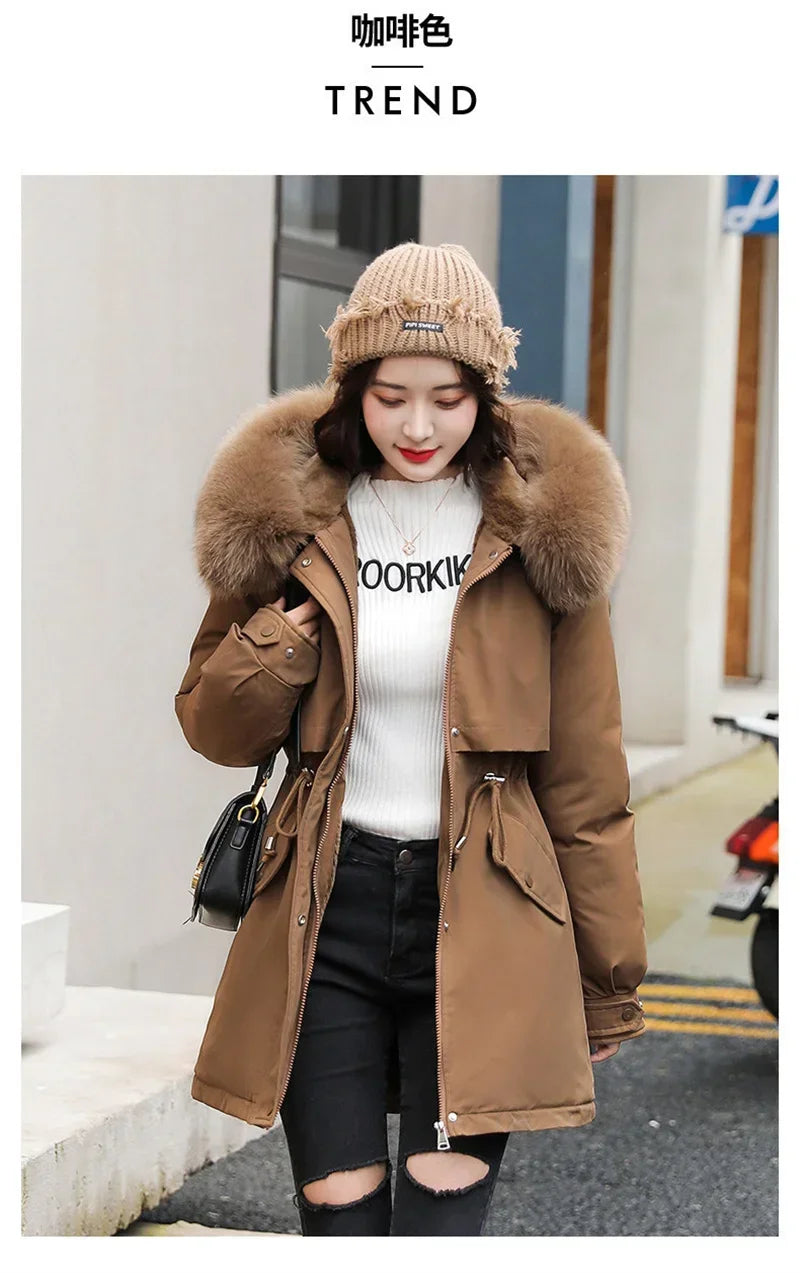 Winter Coat Low Price On Sale Women Beige Add Wool Thick Warmth Fur Hooded Parkas Jacket 2026 New Fashion Belt Slim Cotton Coat