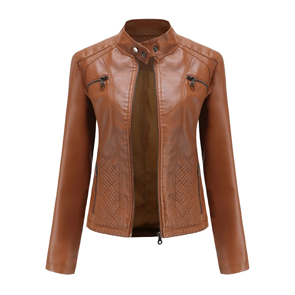 Ladies casual stand-up collar jacket Slim models women's spring and autumn solid color women's leather jacket