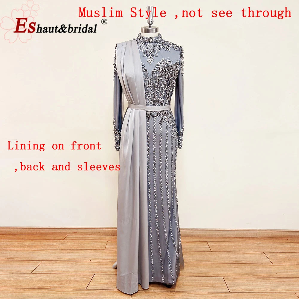 Elegant Muslim Wedding Evening Dress for Women 2026 Crystal High Neck Long Sleeves Mermaid Formal Prom Party Gowns Customized
