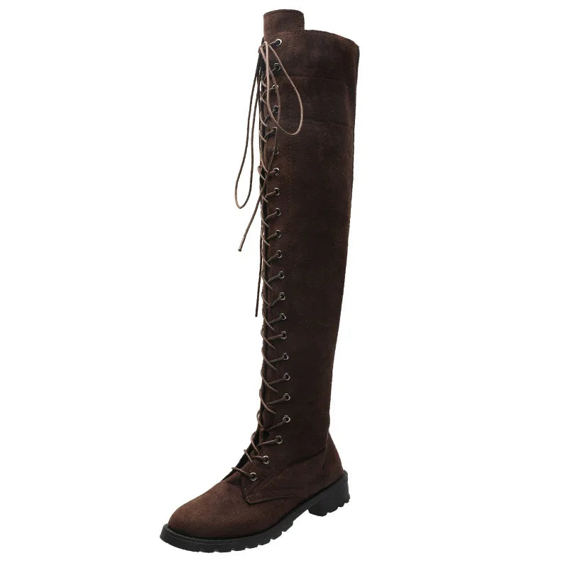 Side Zipper Lace-up Women's Long Botas Brown Black Suede Mid Heel Over-the-Knee Boots for Women Ladies Thigh High Boots Size 43