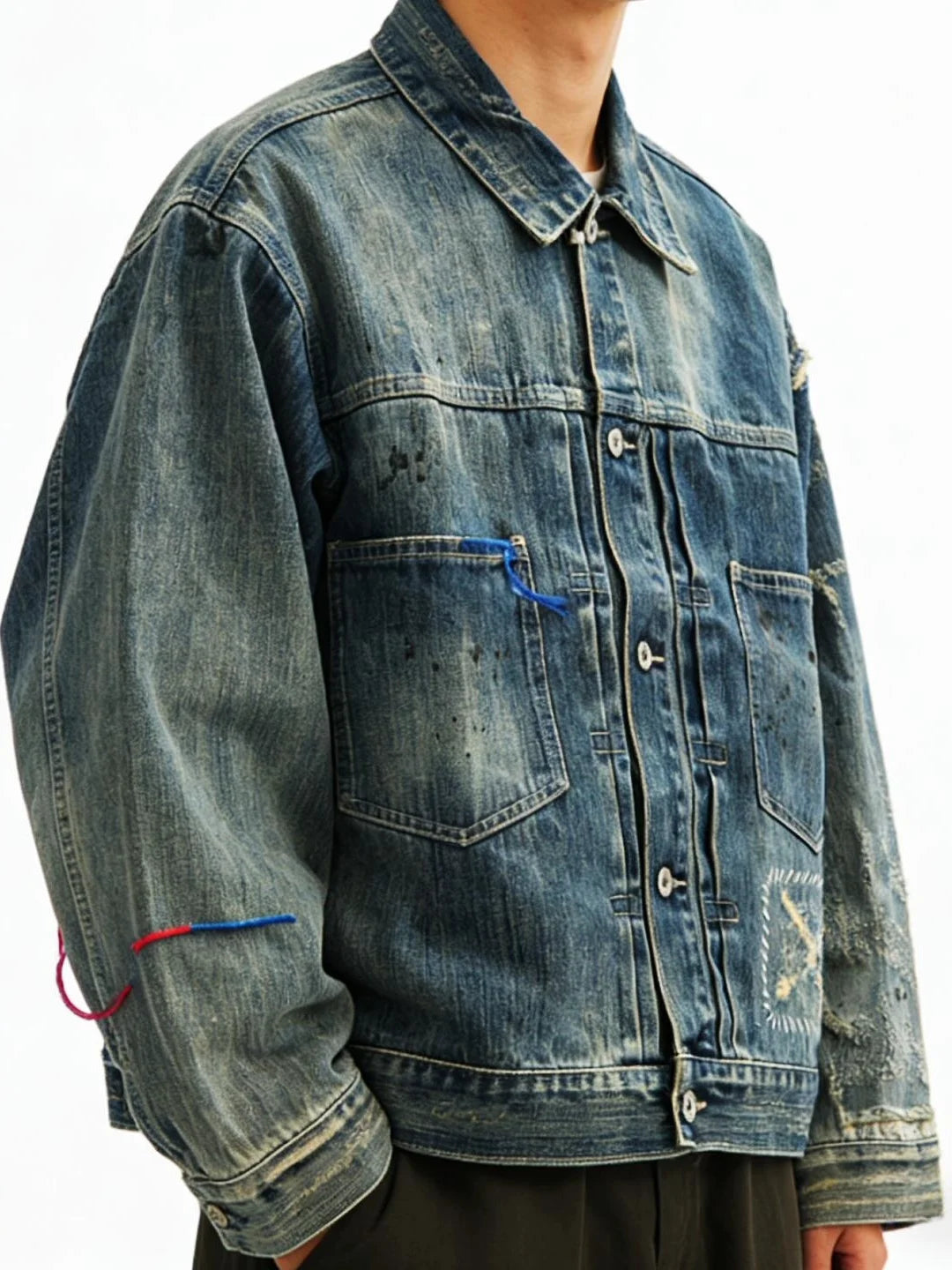 Vintage Washed Denim Jacket Loose Fit Short CleanFit Men's Jeans Coat Casual Style Button Closure Long Sleeve Cotton Jacket