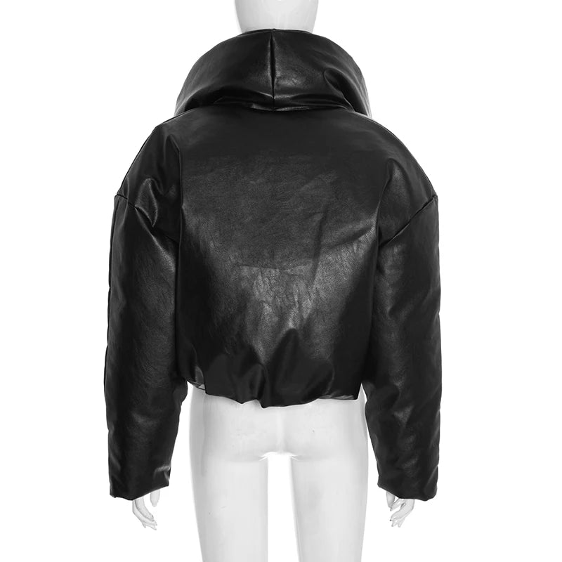 Kliou Faux Leather Puffer Coats Woman Winter Warm Trend Stand Collar Full Sleeve High Street Casual Fashion Style Crop Jacket
