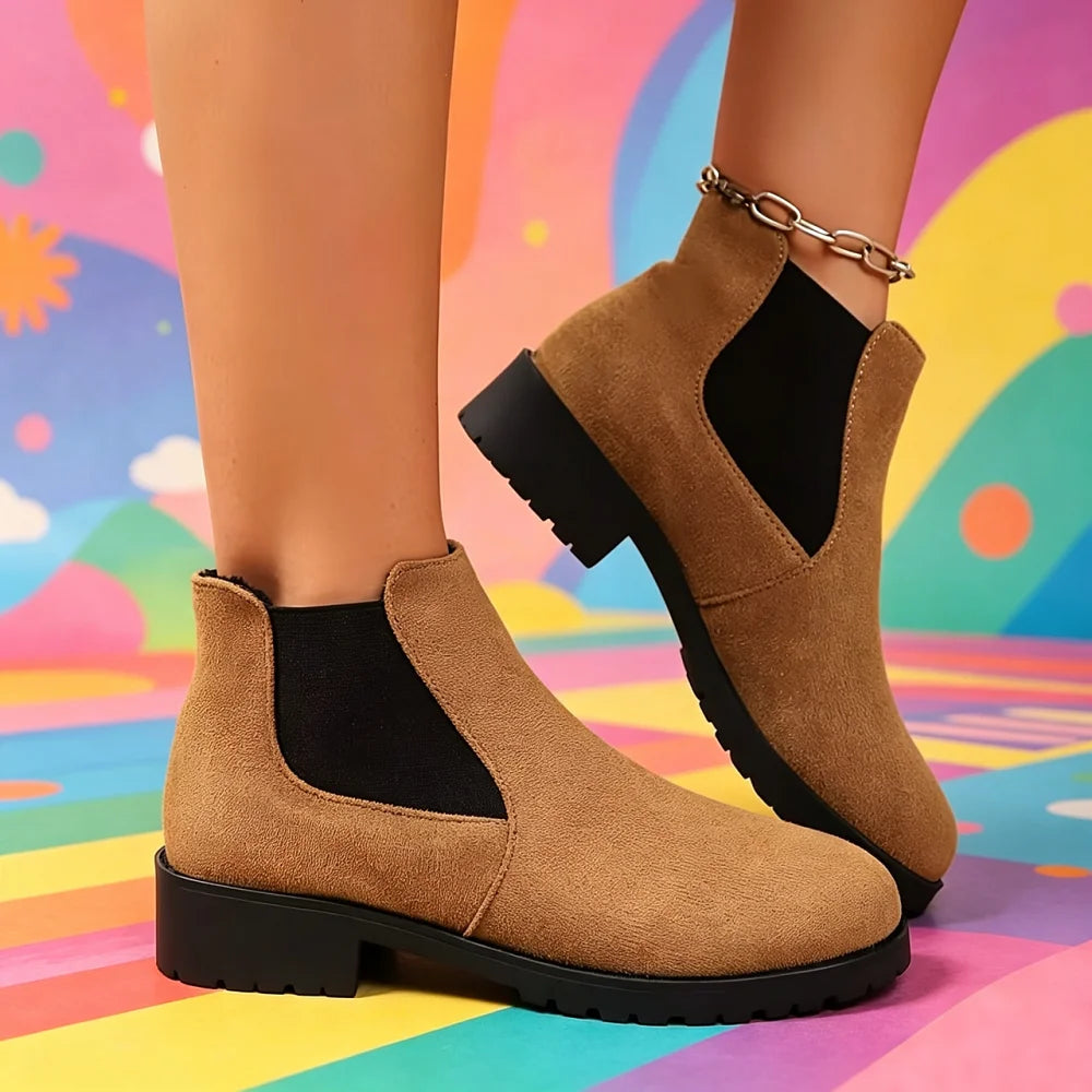 Women Suede Chelsea Boots Thick Sole Elastic Side Non Slip Casual Footwear All Season Daily Wear Comfortable Fit Chunky Design
