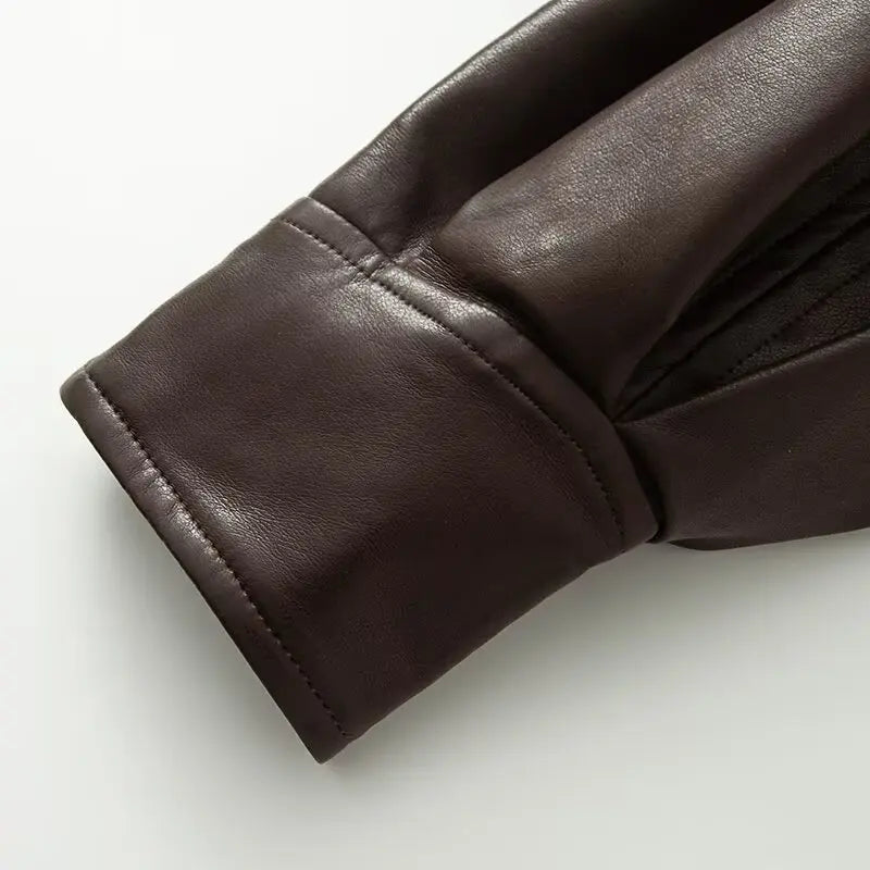New Fall Winter High Street Warm Brown Zipper Pu Leather Jacket Women Casual Lapel Elastic Waist Cinching Coat Outwear Clothes