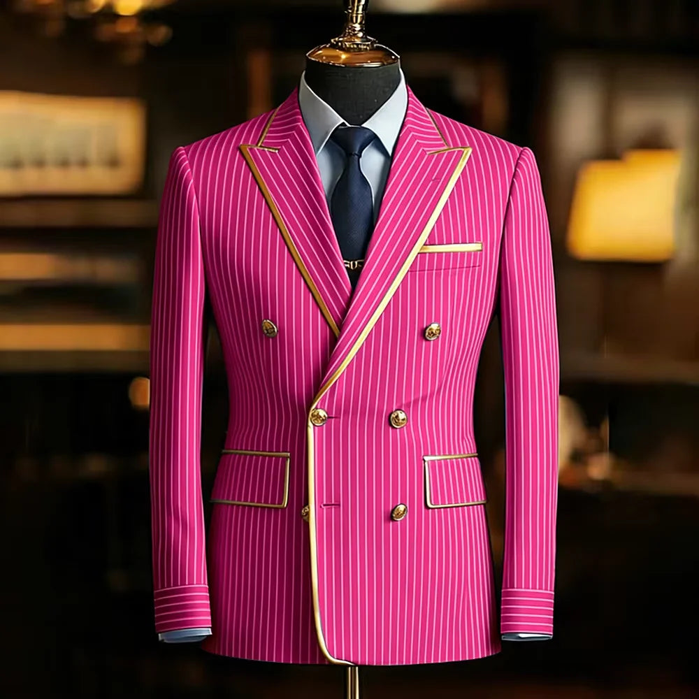 Men's Pinstripe Blazer Double Breasted Slim Fit Peaked Lapel With Gold Trim Formal Suit Jacket  For Groomsman Wedding Prom Hot