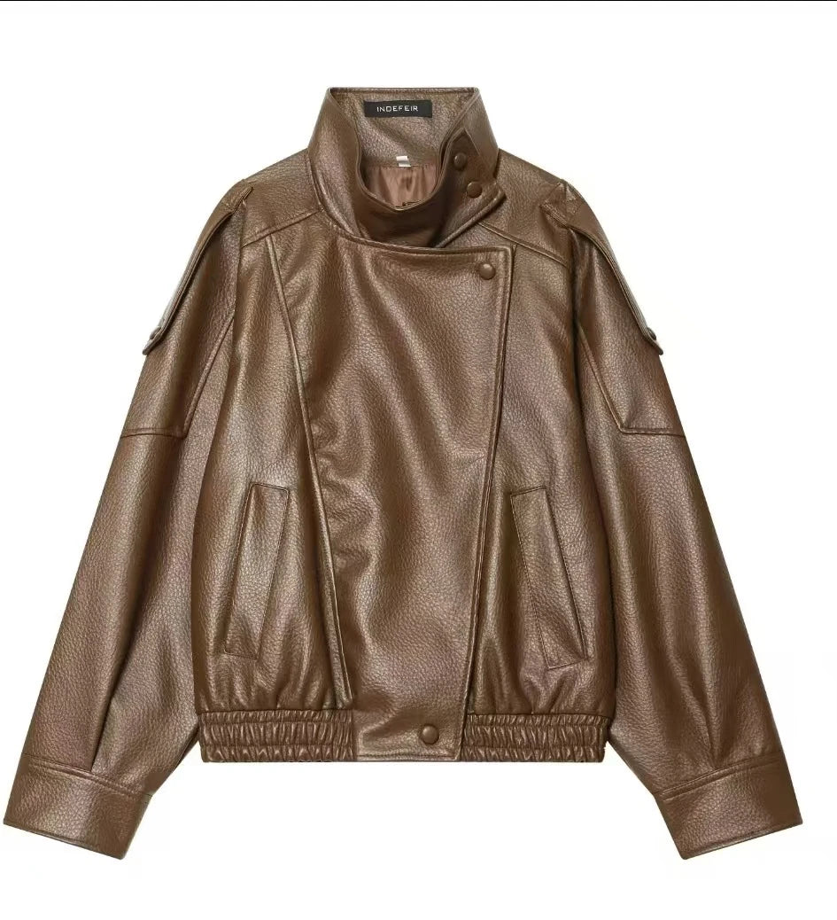 Women's Jacket New Black Long Sleeve Faux Leather Jacket Motorcycle Style Personality Fashion button and Zipper closure traf