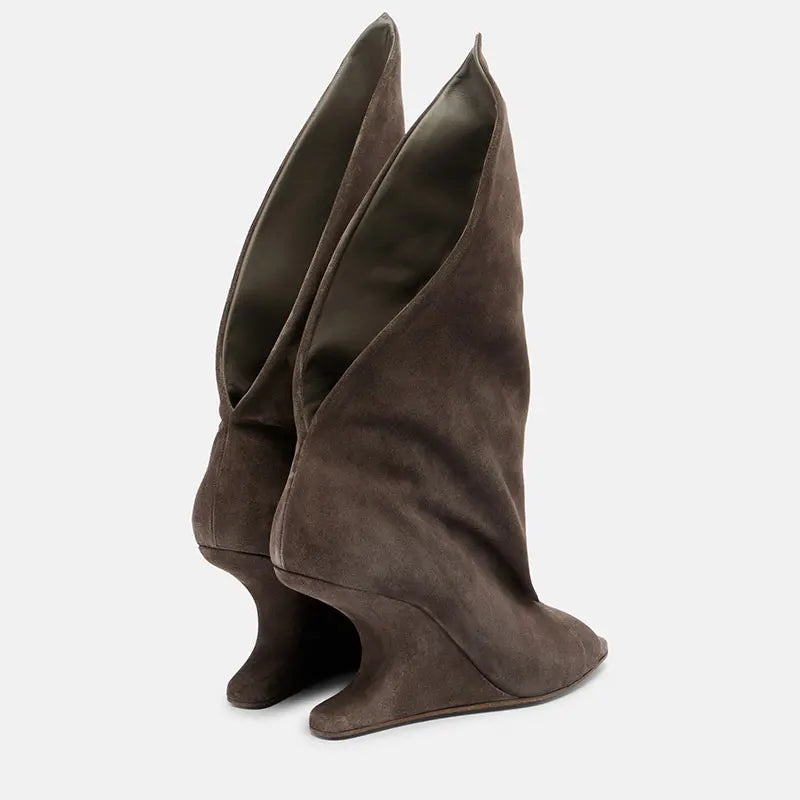 Runway Style Women Peep Toe Tall Boots Sculptural Wedge Heel Draped Pleated Upper Trendy Evening Statement Fashion Footwear