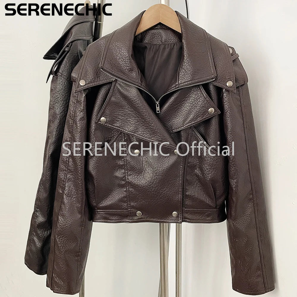 SERENECHIC Women's Black Faux Leather Cropped Moto Jacket Asymmetric Zip PU Biker Coat Female New Autumn Vintage Punk Outerwear