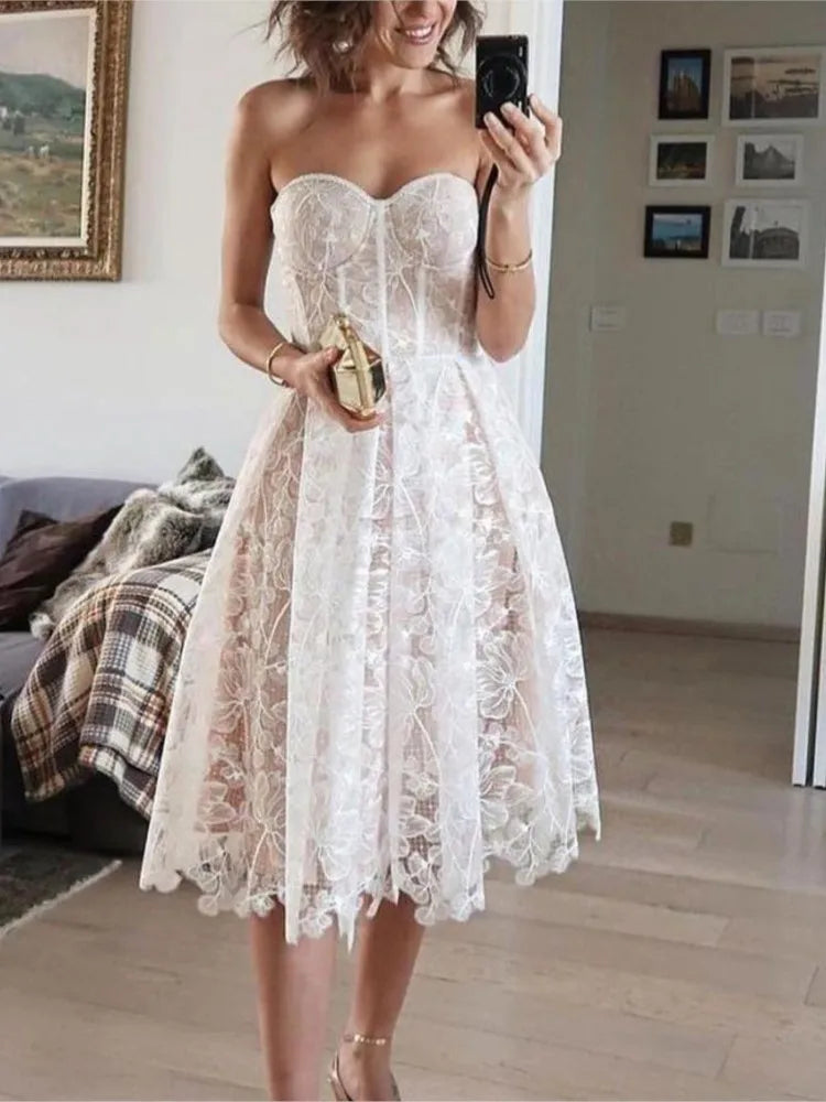 Evening Dress Women Fashion Sexy See Through Lace Embroidery Tube Top Dresses Temperament Socialite Banquet Prom Vestidos 2025
