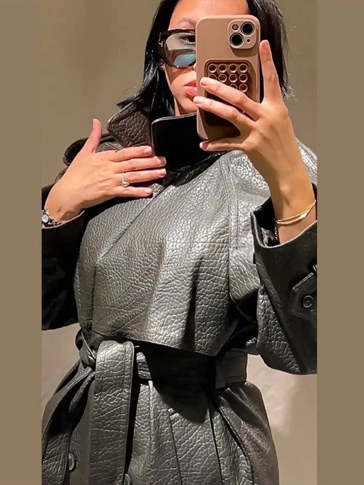 Double Breasted Lace up Long Leather Coat Woman Long Sleeves Loose Solid Color Casual Jackets Street Women's Early Autumn Coats