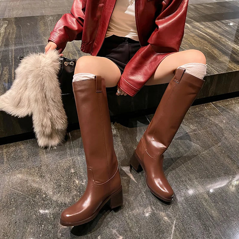 Arden Furtado Autumn Cowhide Knee High Boots Round Toe Pull-On Chunky Heels Riding Boots British Style Large Size Boots