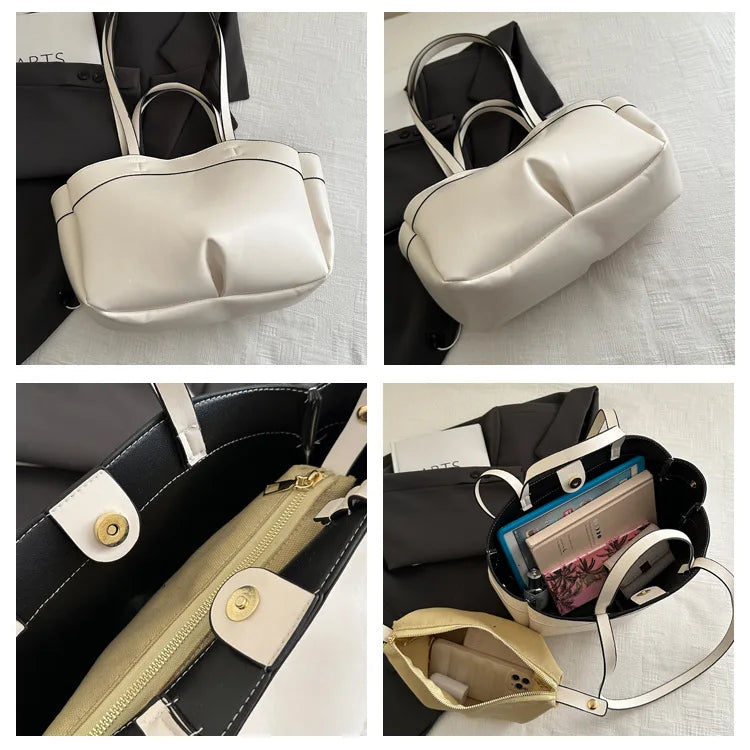 Solid Color Soft Leather Handbag Women Single Shoulder Tote Bag, Large Capacity Commuting Set Handbags Shopping Cross Body Bags