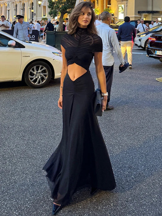 Mozision Hollow Out Short Sleeve Sexy Maxi Dress Women Fashion O Neck Ruched High Waist Bodycon Club Party Long Dress Female