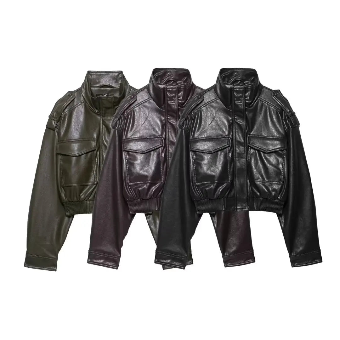 HH Women Faux Leather Cropped Jacket vintage Bomber Jackets With Pockets Long Sleeve Coats Zipper Overcoat Jacket For Woman