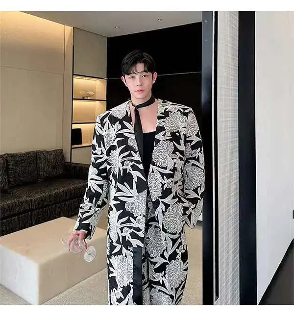 IEFB Niche Design Men's Two-piece Collarless Embroidery Blazer Loose Straight Suit Pants Contrast Color Male Sets New 9C7485