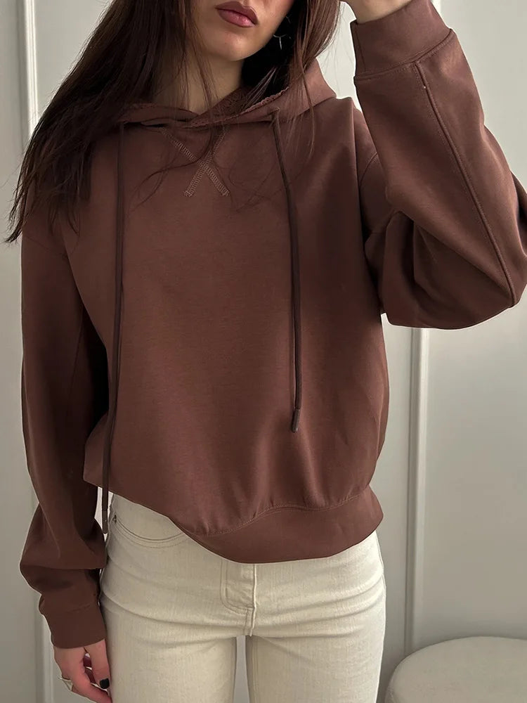 Streamgirl Brown Hoodies With Lace Women Oversize Plain Spring Elegant Butter Yellow Hooded Sweatshirts For Women Oversized