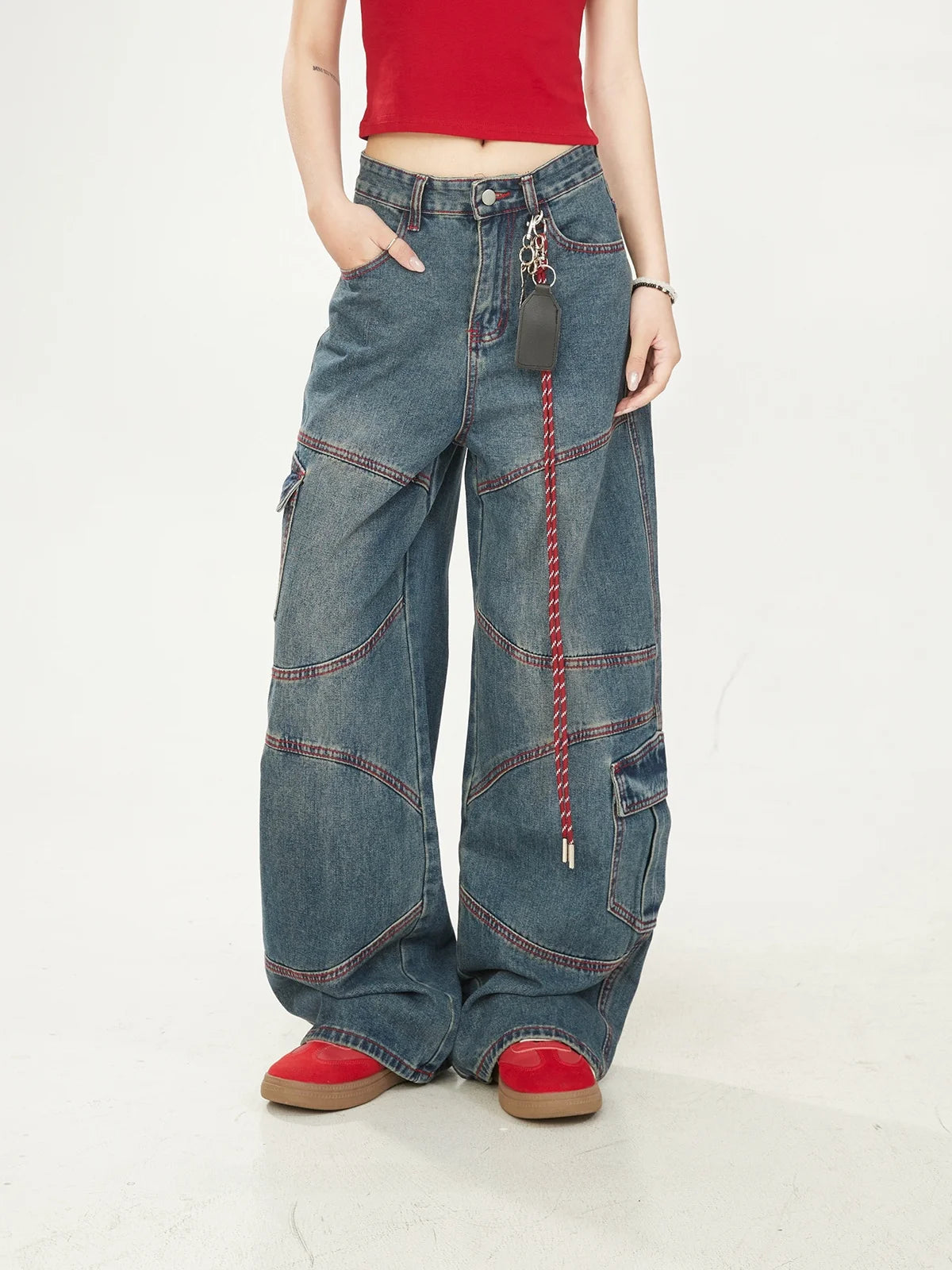 Washed Vintage American High Street Loose Women's Jeans with Patchwork And Stitching Design Casual Wide Leg Workwear Trousers