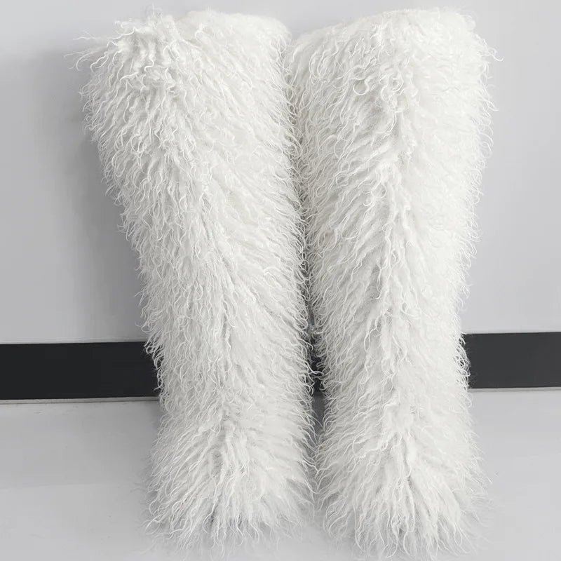 New Over The Knee Fur Boots Women Warm 72CM Long Faux Mongolian Fur Snow Boots Winter Luxury Fluffy Shoes Plush Platform Shoes