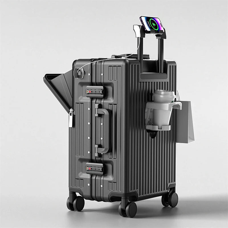 Front-opening Luggage with 24-inch Multi-functional Cup Holder Portable 20-inch Carry-on Suitcase 26-inch Large Capacity