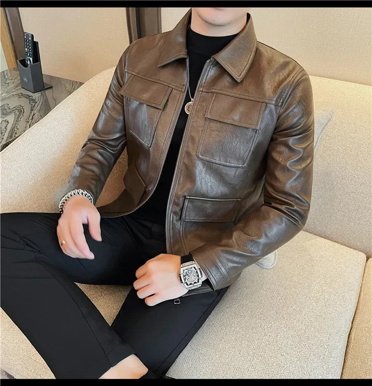 Autumn Winter High Quality Faux Leather Jacket Fashion Multi Pocket Design PU Leather Coats Man Vintage Business Slim Fit Coats