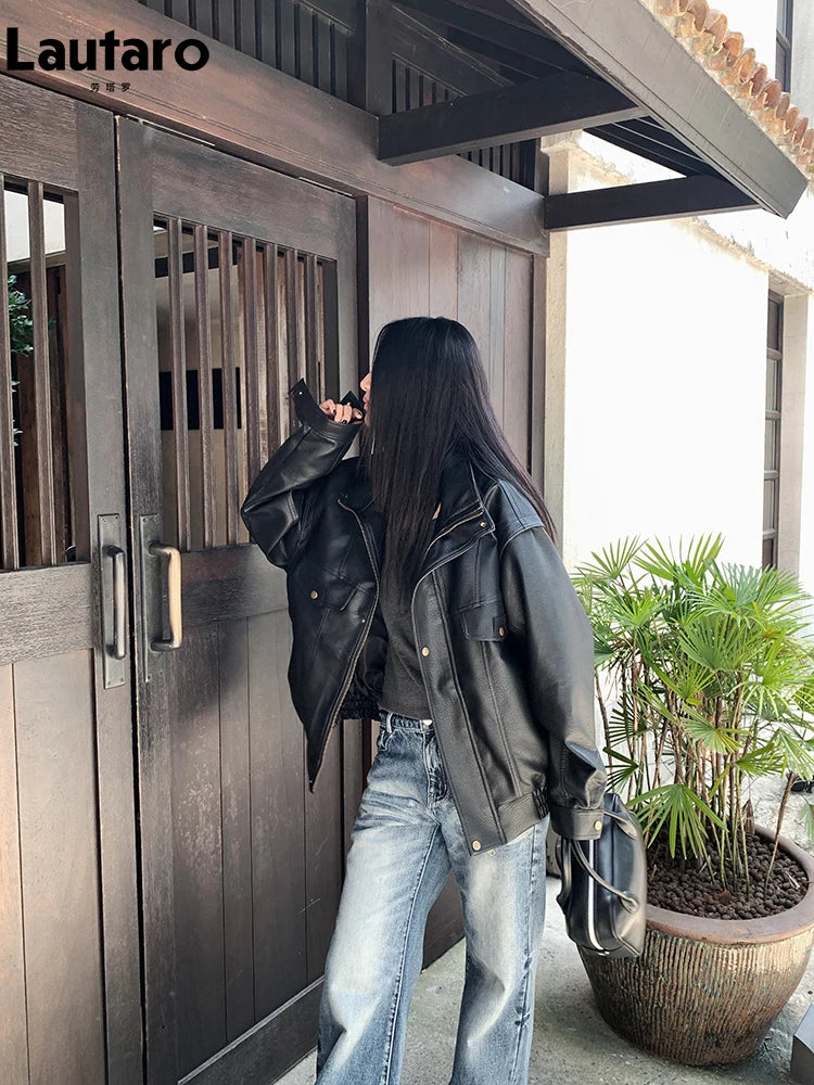 Lautaro Spring Winter Cool Oversized Thicken Warm Black Hard Pu Leather Jacket Women Long Sleeve High Quality American Clothing