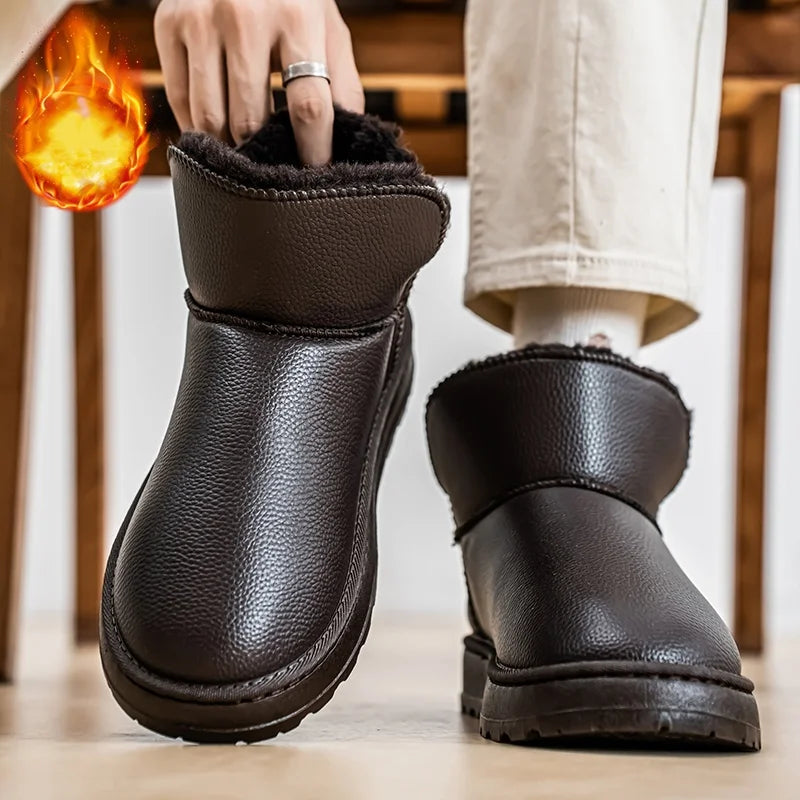 Couple Style Men's and Women's High-Top Leather Waterproof Snow Boots Plus Velvet Warm Boots and Cotton Shoes